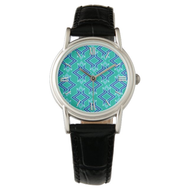 Montre Papiers peints Art Déco, turquoise et cobalt (devant)