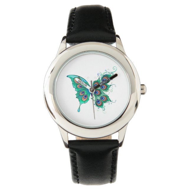 Montre Papillon aux plumes de paon vert (devant)