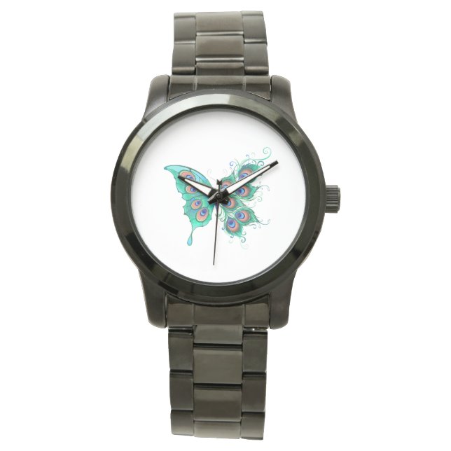 Montre Papillon aux plumes de paon vert (devant)
