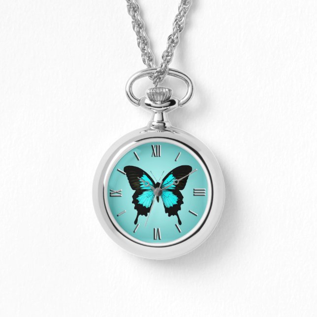 Montre Papillon - bleu turquoise et noir (Recto)