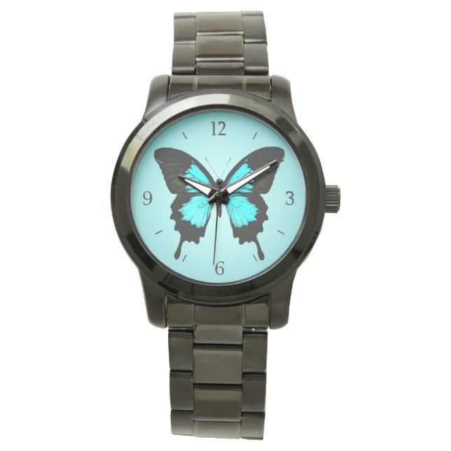 Montre Papillon - bleu turquoise et noir (devant)