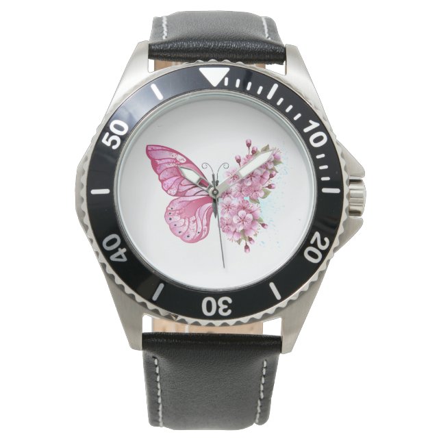 Montre Papillon de fleurs avec Sakura rose (devant)