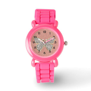 Montre Papillon de Parties scintillant en argent rose