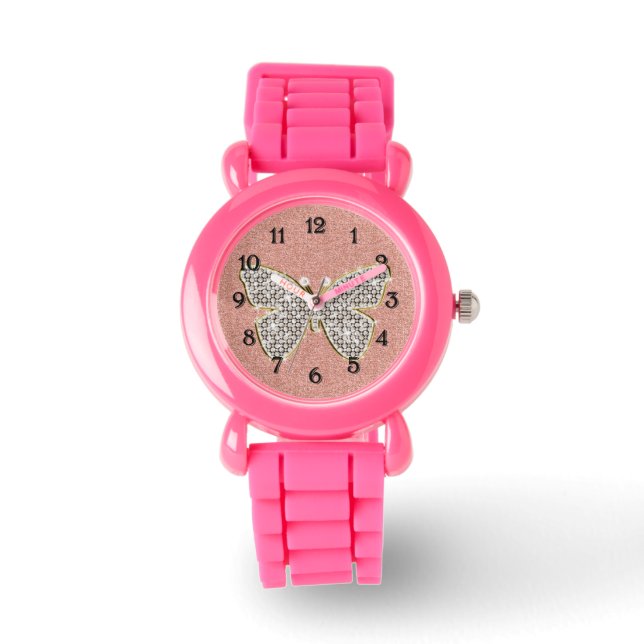 Montre Papillon de Parties scintillant en argent rose (Recto)