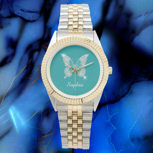 Montre Papillon Diamant Blanc, Nom du script, Turquoise p