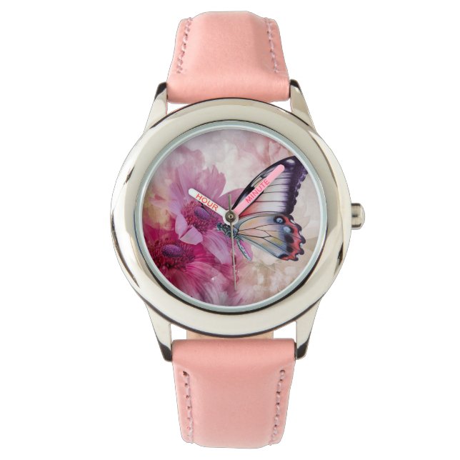Montre Papillon Dreamy aux fleurs roses (devant)