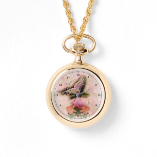 Montre Papillon et fleurs rose tendre