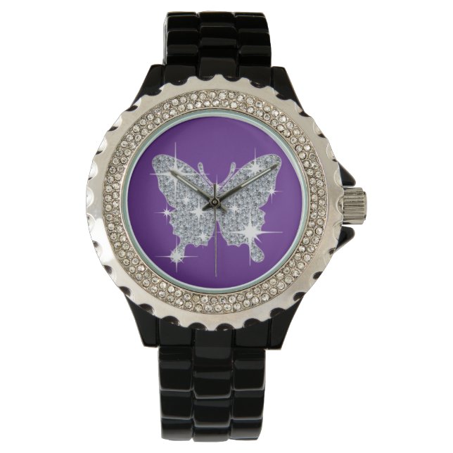 Montre Papillon étincelant au diamant glam sur watt viole (devant)