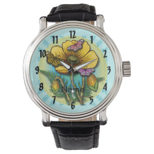 Montre Papillon jaune Fleurs de pavot