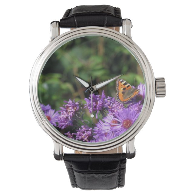 Montre Papillon monarque et fleurs violettes (devant)