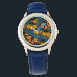 Montre Papillon monarque sur confluents jaunes<br><div class="desc">Motif sans couture dessinée à la main avec des confleurs et des papillons monarques.</div>