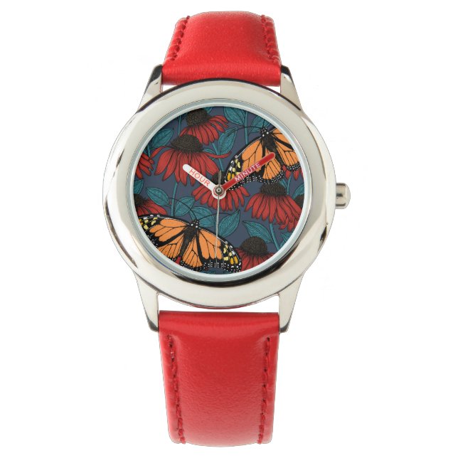 Montre Papillon monarque sur des fleurs rouges (devant)