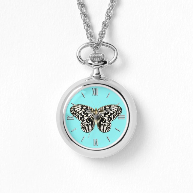 Montre Papillon noir et blanc, arrière - plan turquoise (Recto)