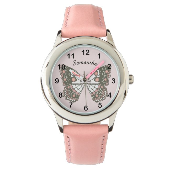 Montre Papillon & nom personnalisé sur rose clair (devant)
