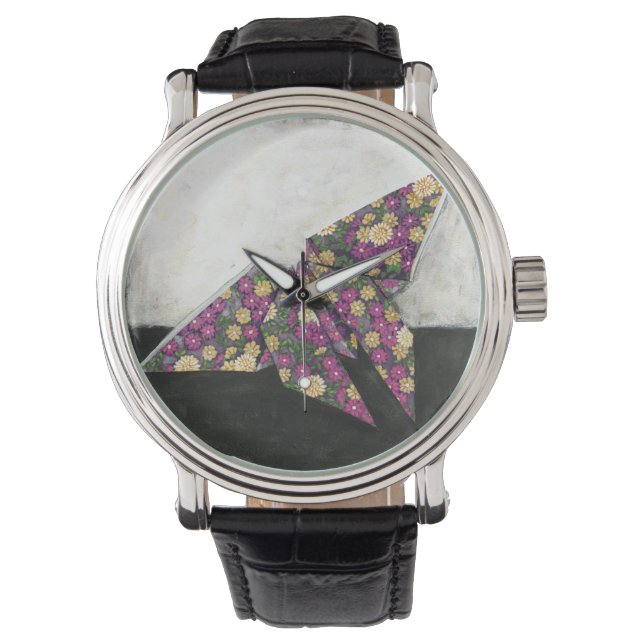 Montre Papillon Origami sur papier floral (devant)