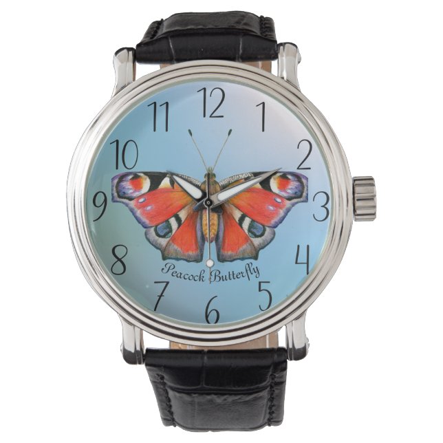 Montre Papillon Peacock Aquarelle Acrylique Horloge mural (devant)