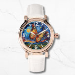 Montre Papillon peint étoile ciel étoilé Élégantes femmes<br><div class="desc">Papillon peint Starry Night Sky Elegant Womans Watches dispose d'un papillon coloré branché avec la lune et les étoiles dans l'arrière - plan. Créé par Evco Studio www.zazzle.com/store/evcostudio</div>