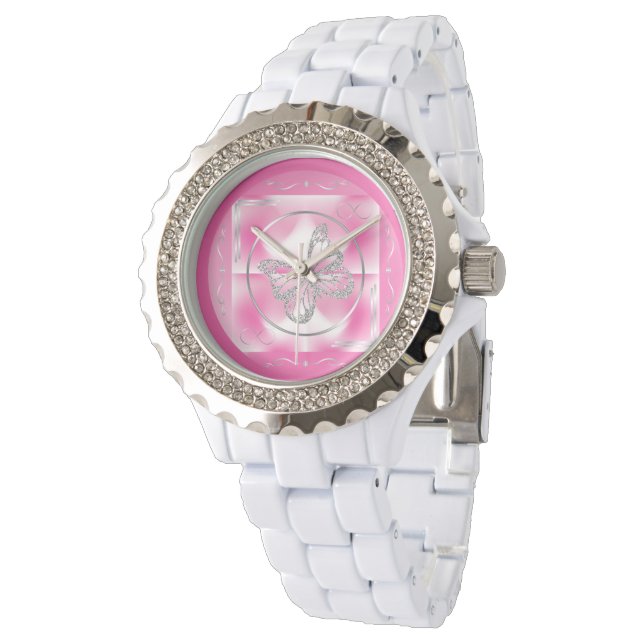 Montre Papillon rose et argent et signe d'infini | (Incliné)
