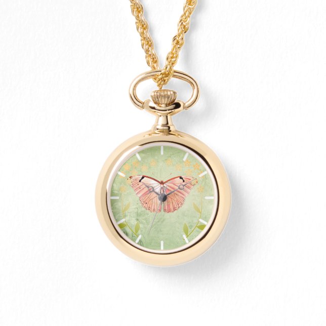 Montre Papillon rose sur Arrière - plan Floral vert (Recto)