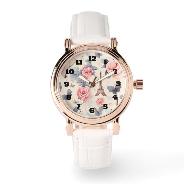Montre Papillon Tour Eiffel et Motif Rose (Recto)