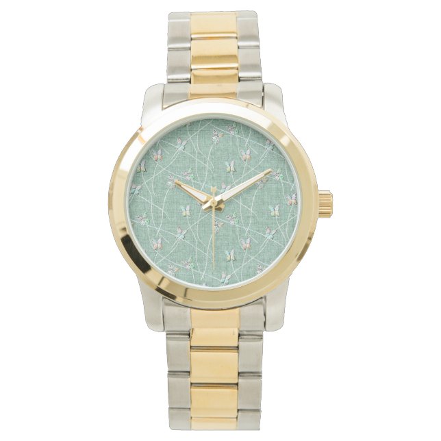 Montre Papillons à l'aquarelle sur fond vert menthe  (devant)