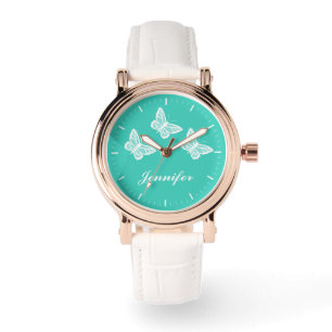 Montre Papillons Blancs Sur Turquoise Et Nom Personnalisé