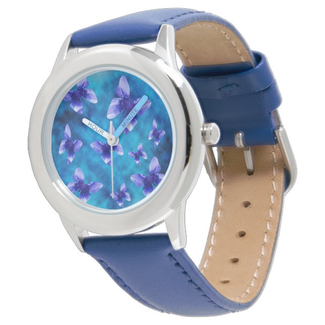 Montre Papillons Bleus De L'Été, Enfants Cuir (Incliné)