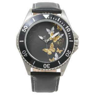 Montre Papillons dorés et blancs