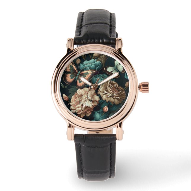 Montre Papillons et fleurs design classique foncé (Recto)