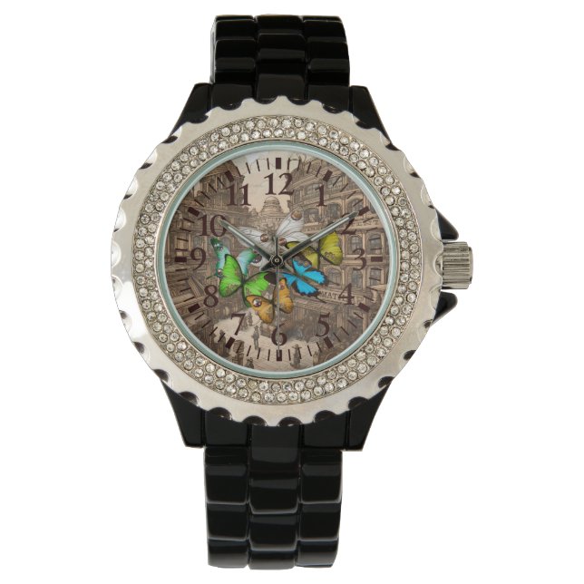 Montre Papillons Iridescente Steampunk (devant)