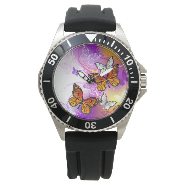 Montre Papillons Monarque sur Arrière - plan pourpre (devant)