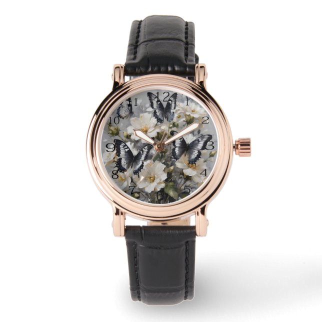 Montre Papillons Noir Et Blanc Sur Fleurs Blanches, (Recto)
