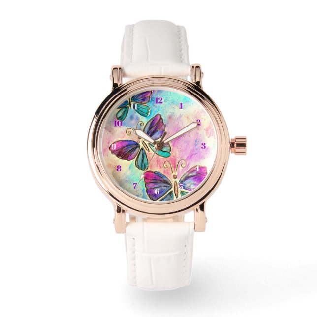 Montre Papillons Rose Violet Regardent (Recto)