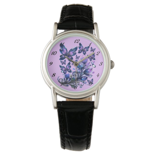 Montre Papillons scintillants cosmiques rose (devant)