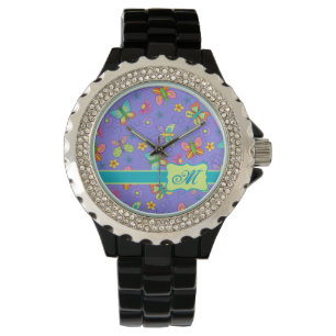 Montre Papillons Whimsy modernes sur Monogramme violet