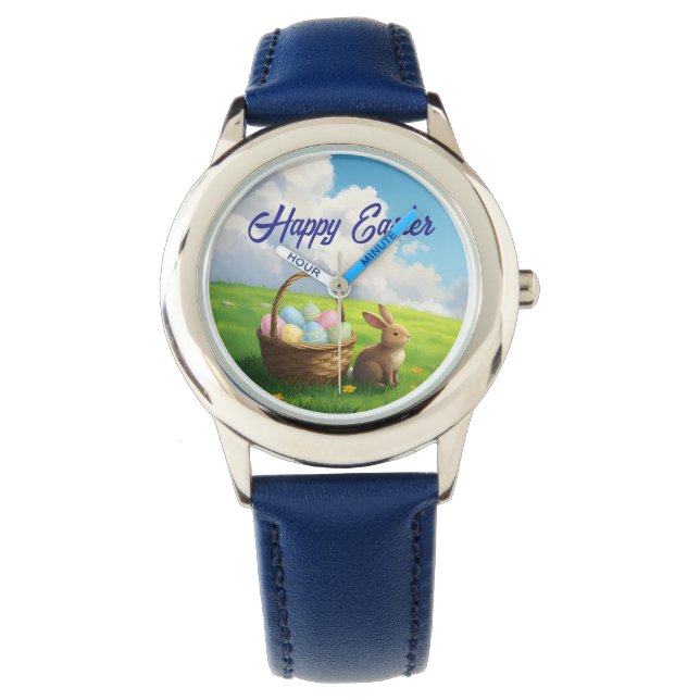 Montre Pâques paisible, lapin de printemps dans un pré et (devant)