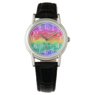 Montre Parties scintillant arc-en-ciel coloré Gold Agate