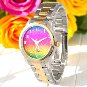 Montre Parties scintillant arc-en-ciel jaune violet montr