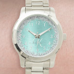 Montre Parties scintillant argentée turquoise en métal br<br><div class="desc">Personnalisez facilement ce design de montre chic branché avec une jolie parties scintillant brillante en argent sur un arrière - plan métallique brossé turquoise.</div>