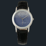 Montre Parties scintillant bleue Silver Navy Girl Monogra<br><div class="desc">Parties scintillant à étincelles bleu marine et argent Script Monogramme Nom Monographie. Cela fait le cadeau parfait de remise de diplômes,  anniversaire,  mariage,  douche nuptiale,  anniversaire,  baby shower ou bachelorette pour quelqu'un qui aime le luxe glam et les styles chic.</div>