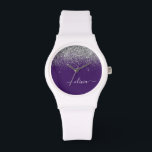 Montre Parties scintillant d'argent violet Girl Nom du mo<br><div class="desc">Parties scintillant à étincelles violet et argenté Script Monogramme Nom Monographie. Cela fait le cadeau parfait de remise de diplômes,  anniversaire,  mariage,  douche nuptiale,  anniversaire,  baby shower ou bachelorette pour quelqu'un qui aime le luxe glam et les styles chic.</div>