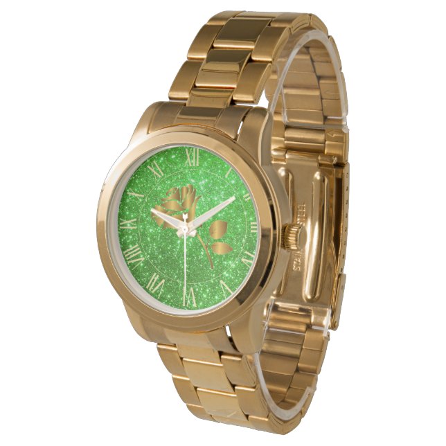 Montre Parties scintillant d'or de luxe Green Floral cade (Incliné)