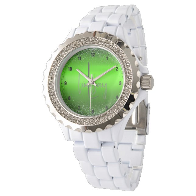 Montre Parties scintillant en métal brossé vert Monogramm (Incliné)