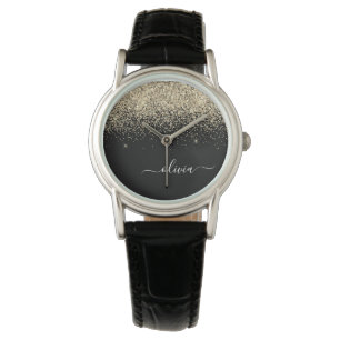 Montre Parties scintillant Noir Or Script Monogramme Nom