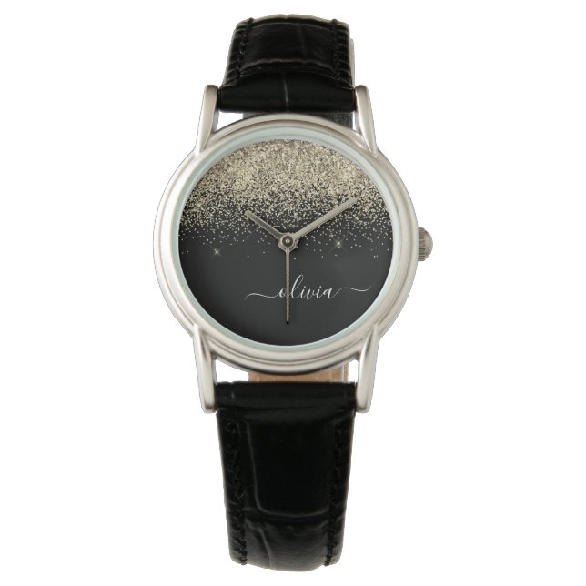Montre Parties scintillant Noir Or Script Monogramme Nom  (devant)