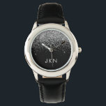 Montre Parties scintillant noire argent Monogramme Nom de<br><div class="desc">Monogramme Monographie de la Parties scintillant à étincelles noir et argent. Cela rend le cadeau parfait pour 16 ans,  mariage,  douche nuptiale,  anniversaire,  baby shower ou bachelorette pour quelqu'un qui aime le luxe glam et les styles chic.</div>
