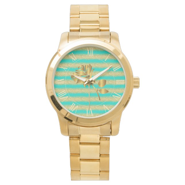 Montre Parties scintillant Or de luxe Turquoise Floral mo (devant)