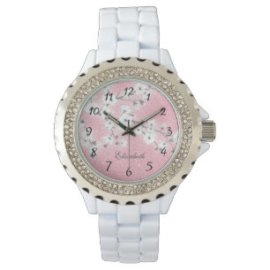 Montre Parties scintillant rose cerise en fleurs Monogr