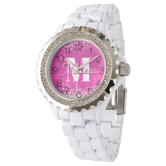 Montre Parties scintillant rose chaud Bokeh Monogramme (Incliné)
