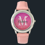Montre Parties scintillant rose Étincelle Nom du monogram<br><div class="desc">Monogramme de Parties scintillant rose Nom Monogramme Monographie Conçu avec un arrière - plan de parties scintillant en faux rose et or assez brillant et un monogramme blanc au centre. Personnalisé avec le nom en écriture de script de calligraphie grise. Fabrique une idée de cadeau pour une fille qui aime...</div>